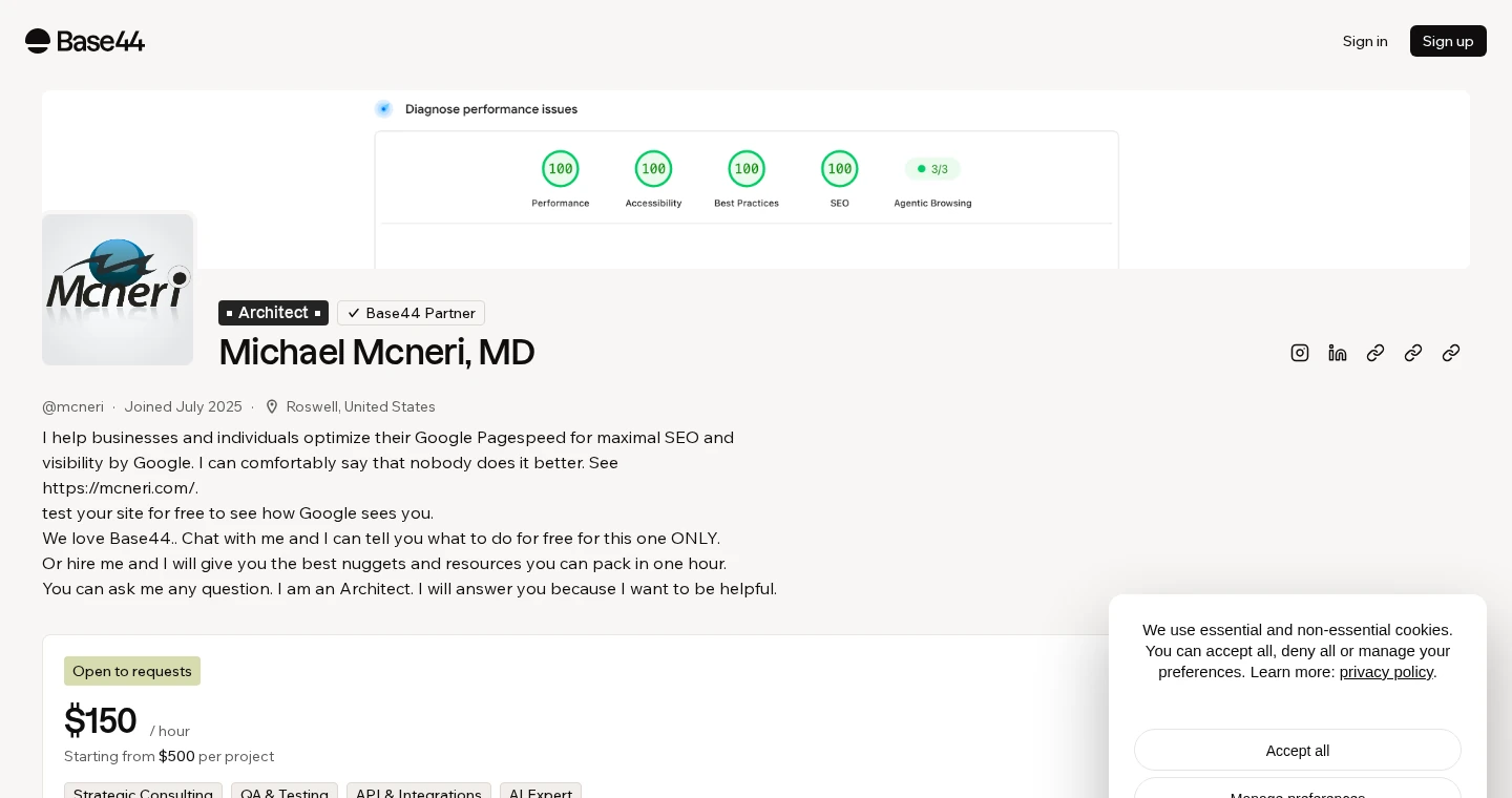 Michael Mcneri, MD public Base44 profile showing Architect and Base44 Partner badges