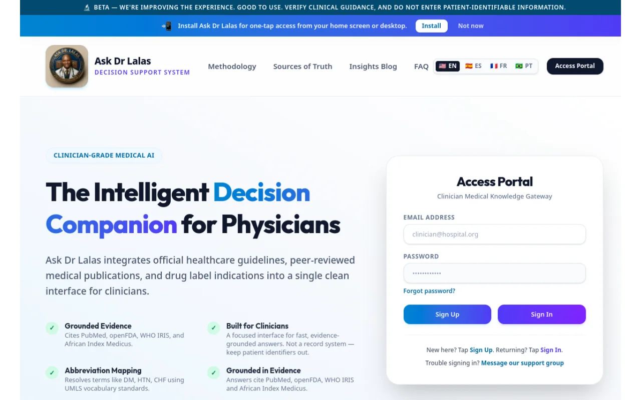 Ask Dr Lalas AI clinical decision companion website screenshot
