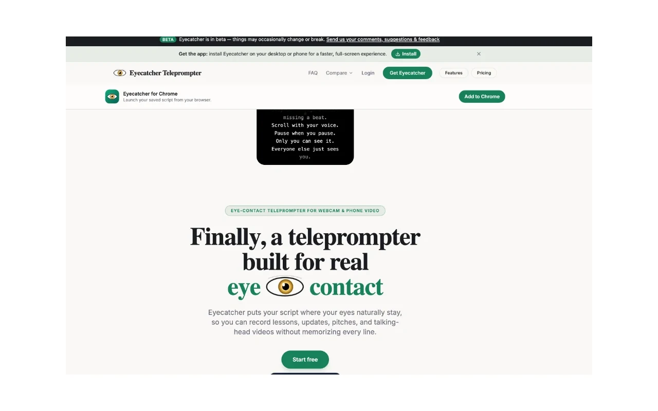 Eye Catcher Teleprompter homepage showing the eye-contact teleprompter positioning