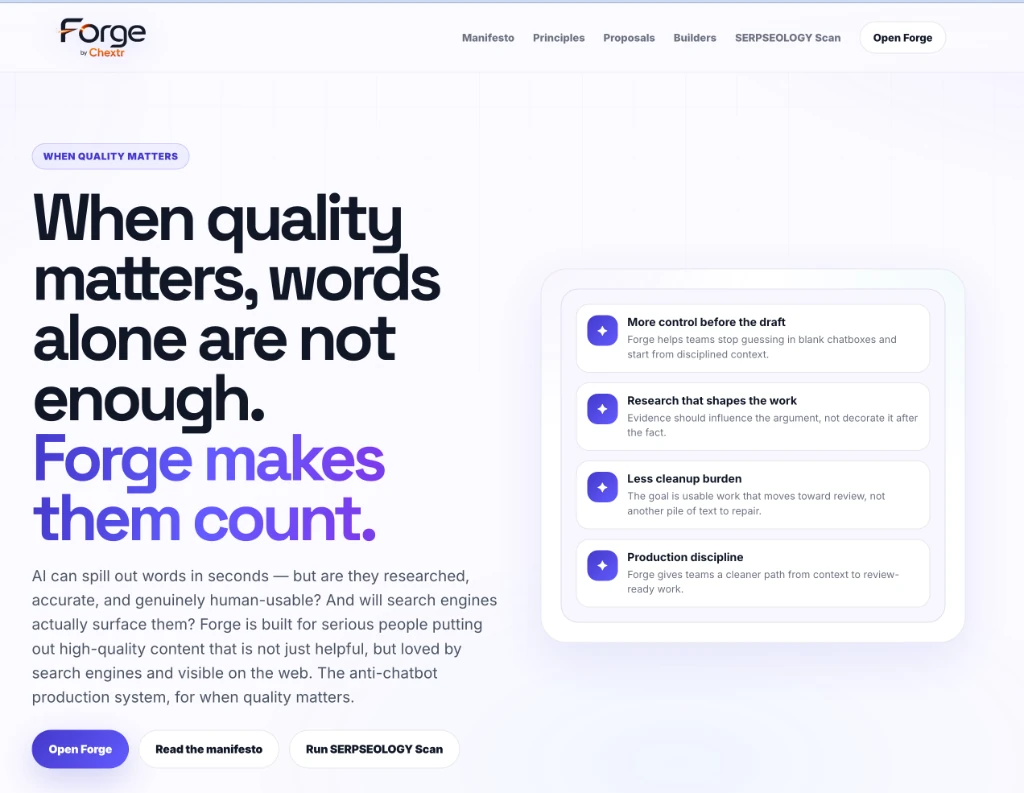 Forge by Chextr homepage with the headline When quality matters, words alone are not enough