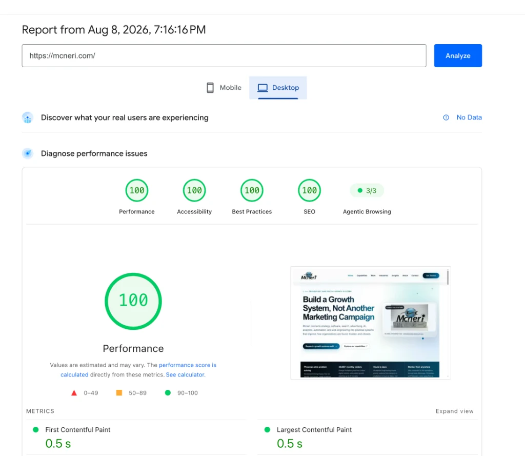 Google PageSpeed Insights desktop report for Mcneri.com showing perfect scores and 3 out of 3 Agentic Browsing