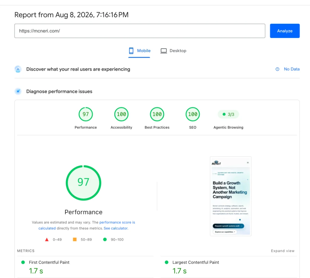 Google PageSpeed Insights mobile report for Mcneri.com showing 97 performance, three perfect category scores, and 3 out of 3 Agentic Browsing