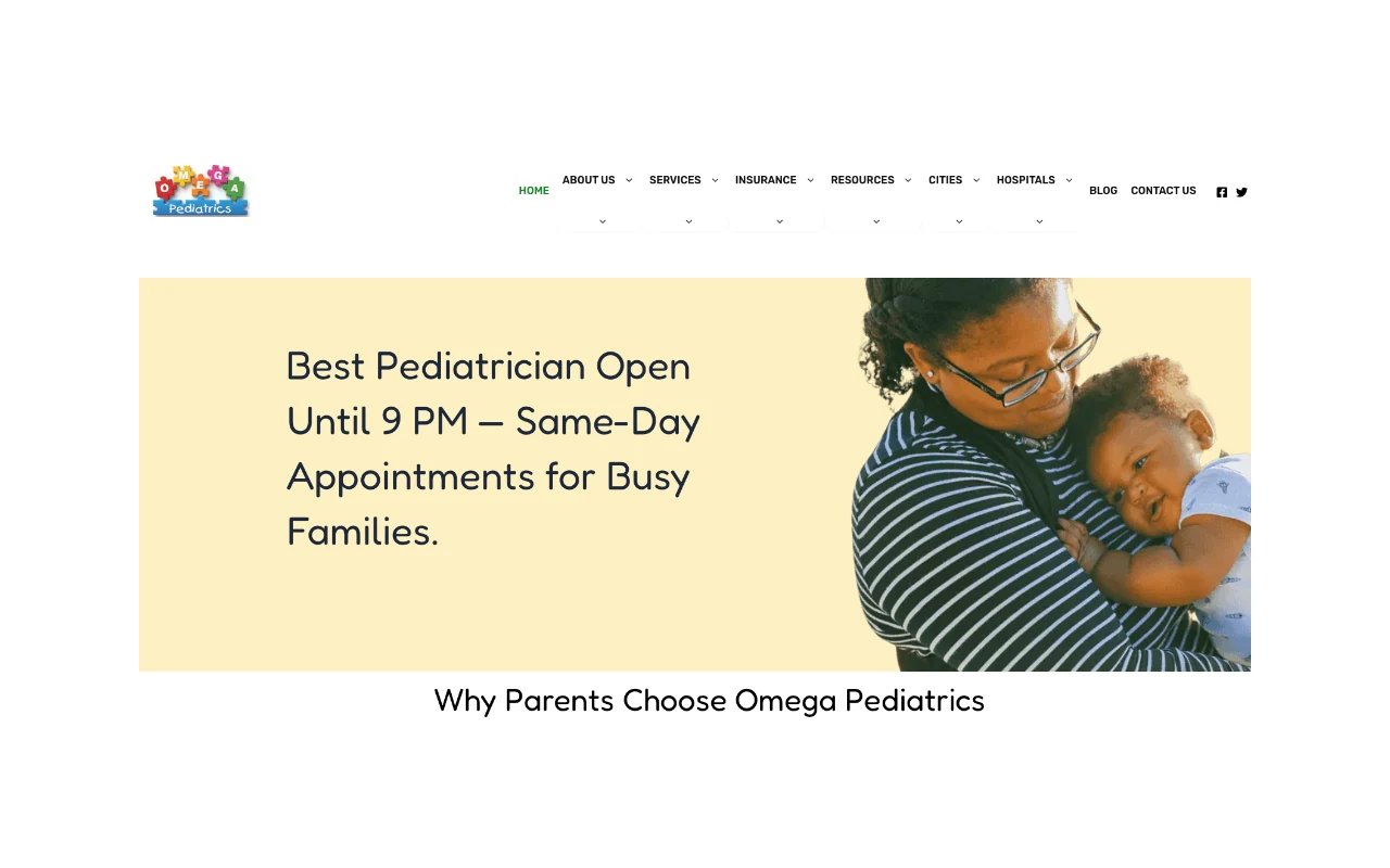 Omega Pediatrics website homepage showing same-day appointments and extended hours